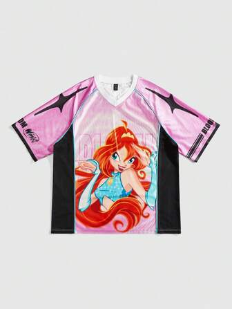 Winx Club X ROMWE Camiseta de manga corta con cuello en V y estampado de dibujos animados en bloques de color, estilo de los años 2000, para hombre