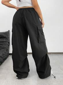 Flirla Plus Size Drawstring Pocket Loose Fit Daily Casual Black Cargo Pants Fall Cloth For Women