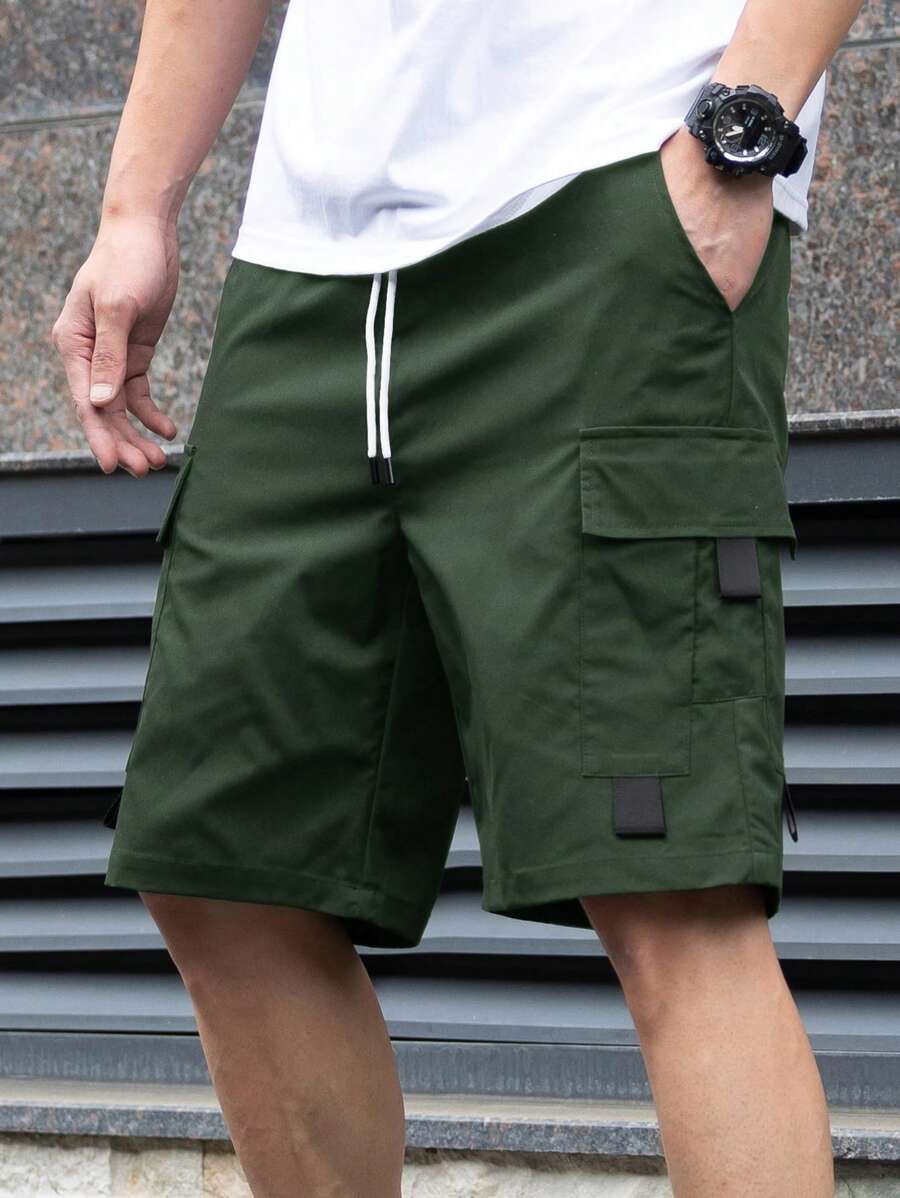 Manfinity Homme 男士抽绳腰休闲宽松绿色工装短裤 - 墨綠色 - 查看 1