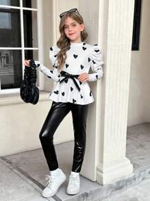 SHEIN Tween Girls Elegant Heart Pattern Fashionable Knitted Round Neck Long Sleeve Leg-Of-Mutton Sleeve Belted Peplum Tee T-Shirt With Ruffle Hem And PU Legging 2pcs Set, For Daily Wear,Back To School, Casual Occasions, For Autumn Winter