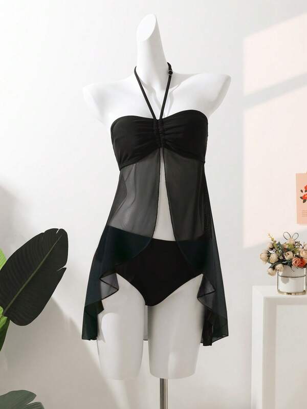 Conjunto de bikini de dos piezas con cuello cruzado, correa para el hombro y falda, adecuado para la playa, vacaciones y surf