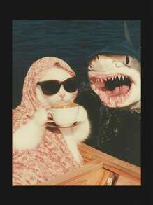 Women's Casual Relaxed Fit Funny Graphic Tees Including: Cat Shark, Vintage Coffee Cat, Cartoon Cat On Boat, Carefree Cat, And Surreal Ocean Humor Designs, Simple Round Neck Short Sleeve For Summer, For Birthday - Black - View 3