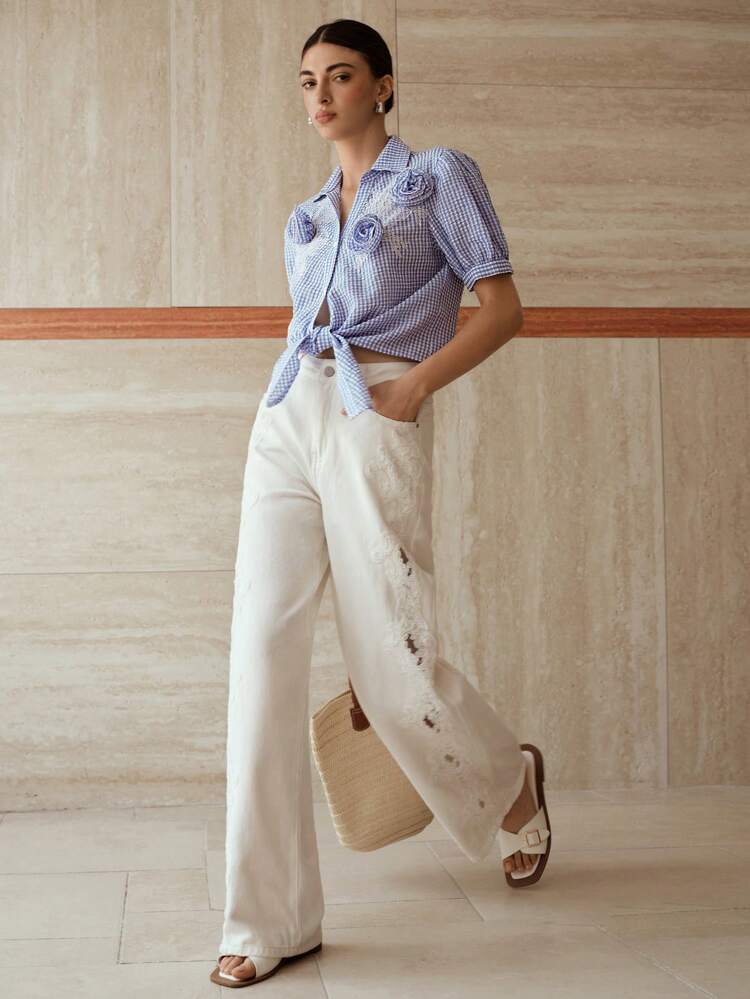 CHEMISE FEMME À DESIGN FLORAL, PATCHWORK DE DENTELLE RAYÉE BLEU ET BLANC, STYLE AMPLE