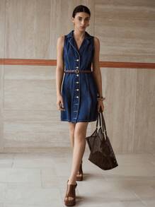 MOTF PREMIUM 翻领单排扣无袖牛仔连衣裙 - 藍色 - 查看 6
