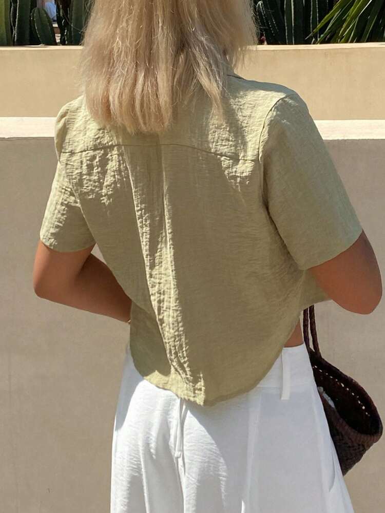 Solid Color Loose Double Breasted Pocket Short Sleeve Casual Summer Blouse For Women Linen,Crop Tops Women