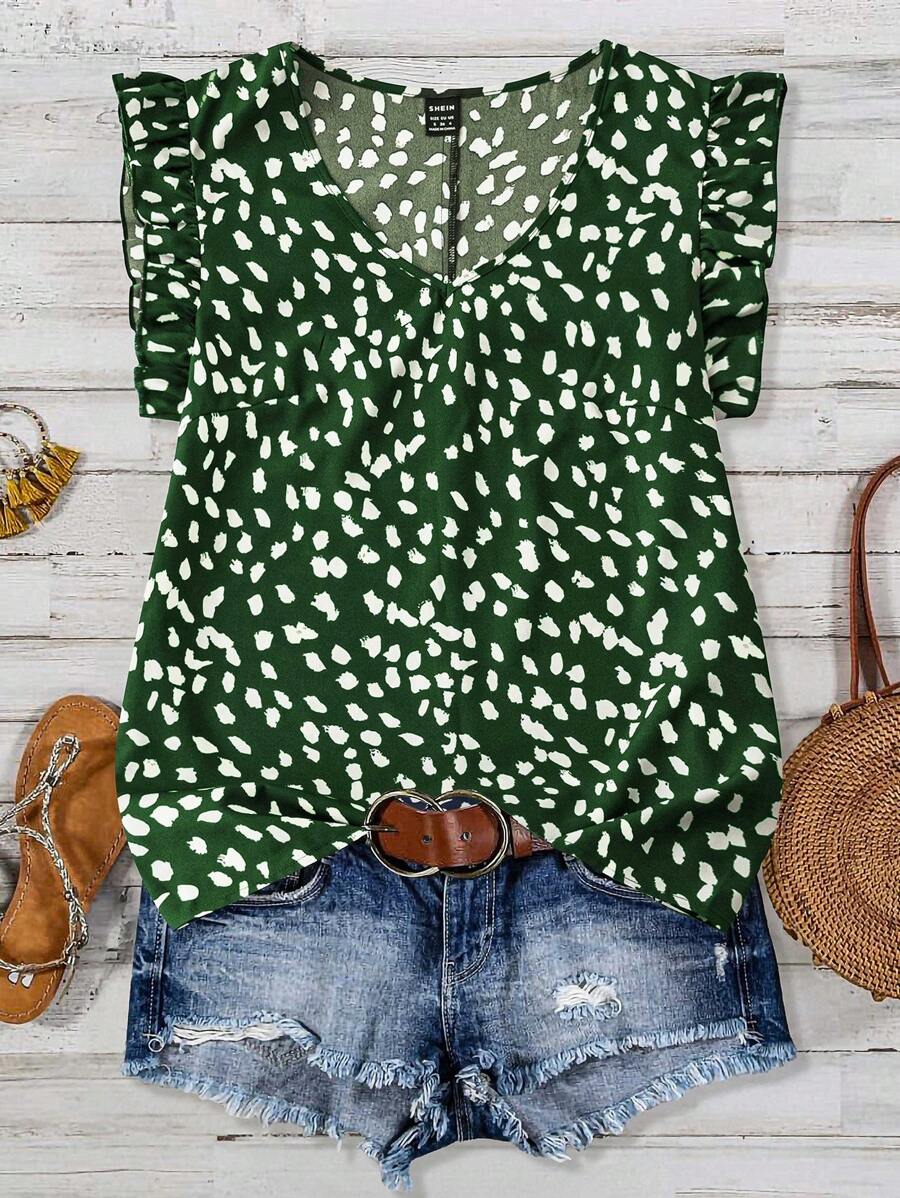 EMERY ROSE French Elegant Chiffon V-Neck Flared Cap Sleeve Regular Print Women's Blouse, Summer New Arrival - Green - View 1