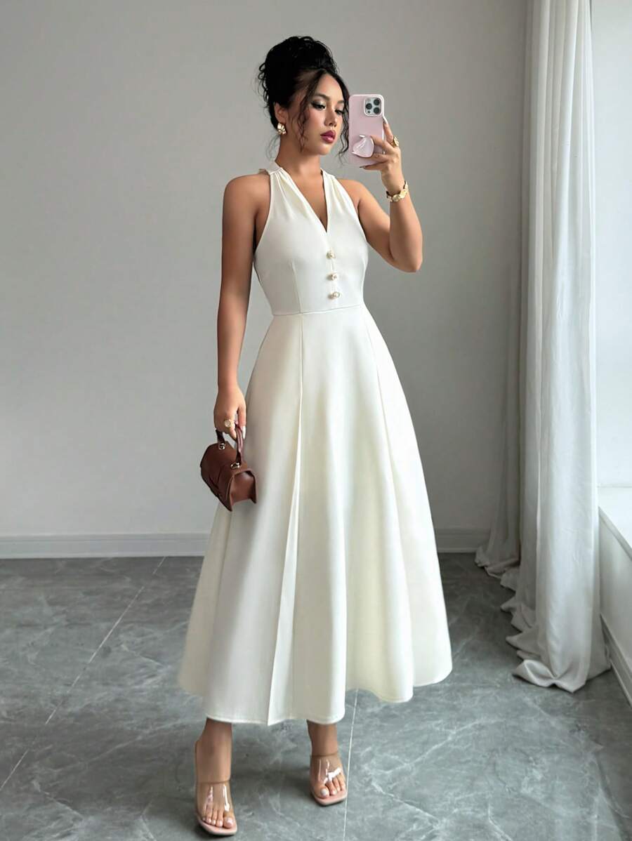 Elenzga Women's Elegant Sleeveless A-Line Dress, Suitable For Dating & Commuting, Simple Solid Color Lapel Maxi Dress, Spring/Summer - Apricot - View 1