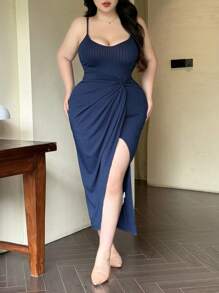 Vibekara Plus Size Solid Cross Front Slit Strap Dress