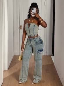 Slaydiva Women's Cargo Pocket Wide Leg Relaxed Fit Casual Versatile Jeans - Blue - View 7