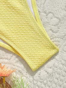 SHEIN MOD 2pcs/Set Women's Lace Trim Spaghetti Strap Yellow Bikini Top And Bowknot-Front Bottom Swimsuit Set - Yellow - View 5
