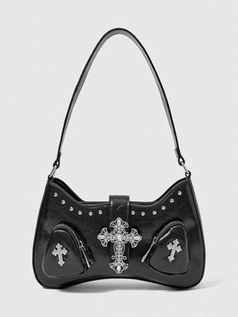 Grunge Punk Ladies, Women Shoulder Bag, Hobo Bag, Cross Hardware, Black, Gothic Style, Punk, Fashionable, Personalized, Simple, Versatile, Street, Sweet And Cool Girls, Hot Girls, Y2k, Retro, Rivets, Vintage, Teenagers
