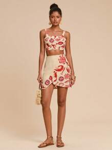 Travachic 2件套女士海洋生物印花无袖短款上衣和不对称半身裙