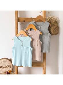 Loomiva 3pcs/Set Young Boy Summer Casual Knitted Ribbed Solid Color Soft Round Neck Tank Top