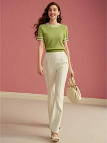 MOTF PREMIUM 撞色饰边短袖针织上衣 针织套头衫 秋冬