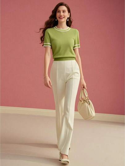 MOTF PREMIUM CONTRAST TRIM SHORT SLEEVE KNIT TOP KNIT PULLOVER FALL WINTER