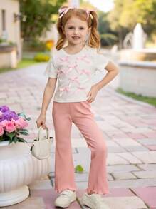 SHEIN 2pcs Set Young Girls Solid Color Crew Neck Fitted Tshirt Top And Flared Fitted Pants - Multicolor - View 1