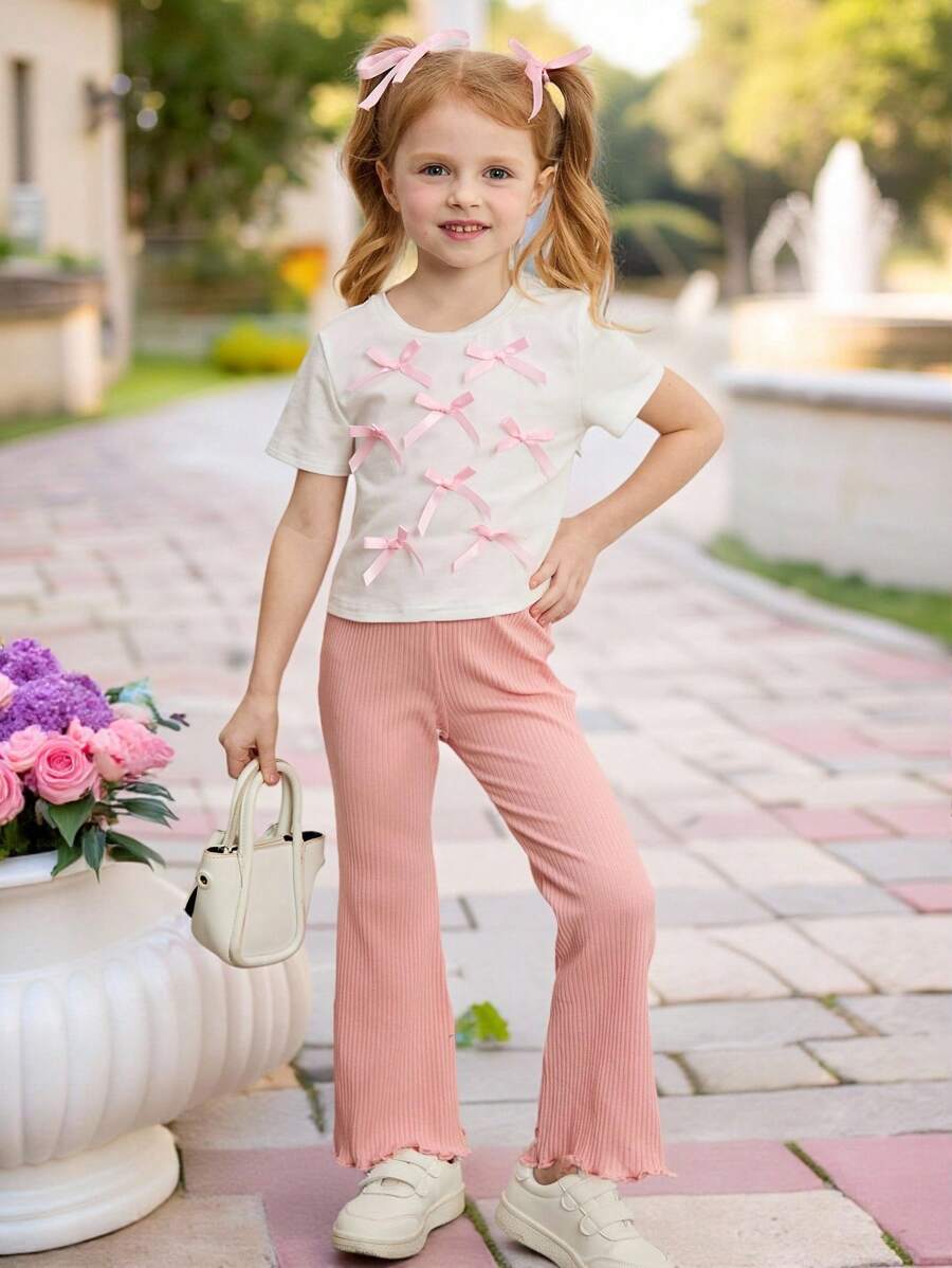 SHEIN 2pcs Set Young Girls Solid Color Crew Neck Fitted Tshirt Top And Flared Fitted Pants - Multicolor - View 1
