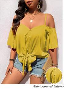 SHEIN LUNE Áo cánh hở vai cổ chữ V thời trang giản dị cổ điển cỡ lớn - Màu vàng - Xem 4
