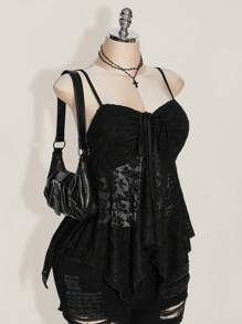 SHEIN ICON Plus Size Front Drawcord Tie Bow Knot Camisole Tank Top, Asymmetrical Hem, Y2K Style, Suitable For Summer, Summer Vacation, Graduation Season, Back To School