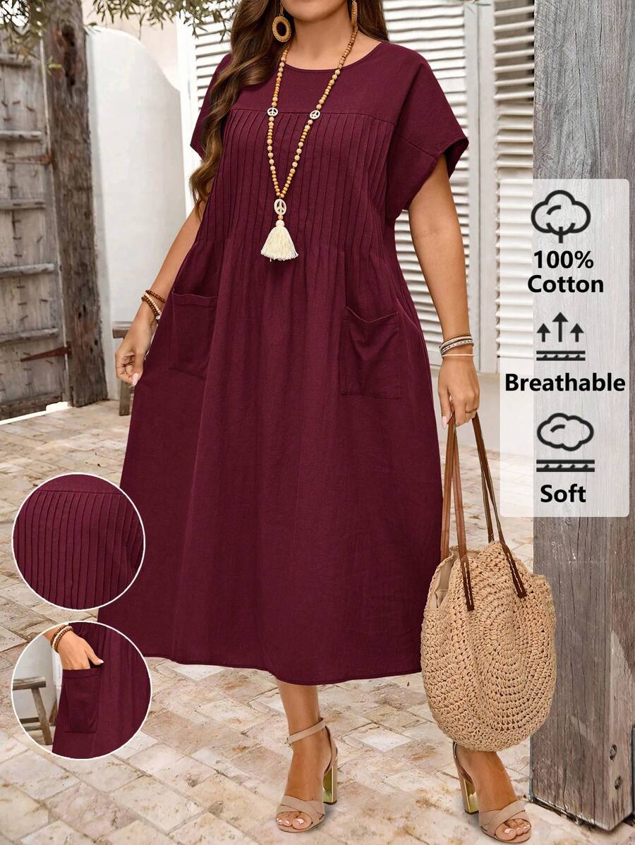 EMERY ROSE 大码女式海军蓝短袖休闲连衣裙，夏季 - 酒紅色 - 查看 1