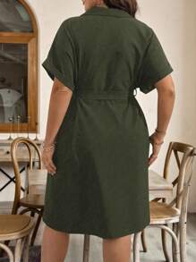 SHEIN LUNE 加大码纯色拉链系带蝙蝠袖夏季长款连衣裙女装