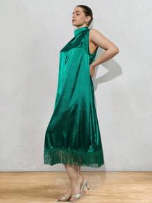 SHEIN Privé 大码女式纯色宽松挂脖直筒连衣裙，优雅 - 綠色 - 查看 5