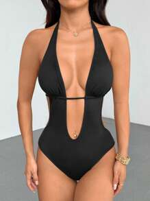 EgrlEra Body negru cu imprimeu în V adânc, fără spate, cu legături laterale, super elastic, moale și confortabil, sexy, casual, pentru casă, plajă, purtare zilnică, femei, vară - Negru - Vizualizare 3