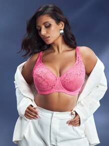 SHEIN Curve Full-Cup Lace Floral Underwired Bra, Magenta, Plus Size - Pink - View 6