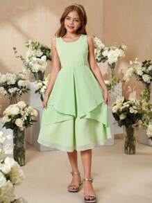 SHEIN Vestido de dama de honor para boda o fiesta, de unicolor con volantes en el dobladillo, para niñas - Verde - Ver 3