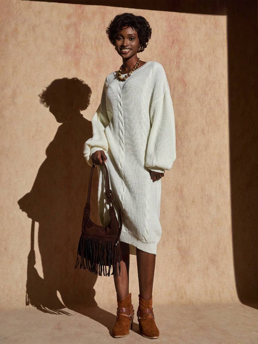 Bóhologie Pull en maille torsadée Cloud – Pull crème à tissage épais et manches volumineuses - Blanc - Voir 1