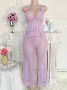 2pcs Purple Butterfly Mesh Sheer Decor Lingerie Set With Wide Leg Pants, Sexy Sleepwear For Women For Going Out - Purple - View 3