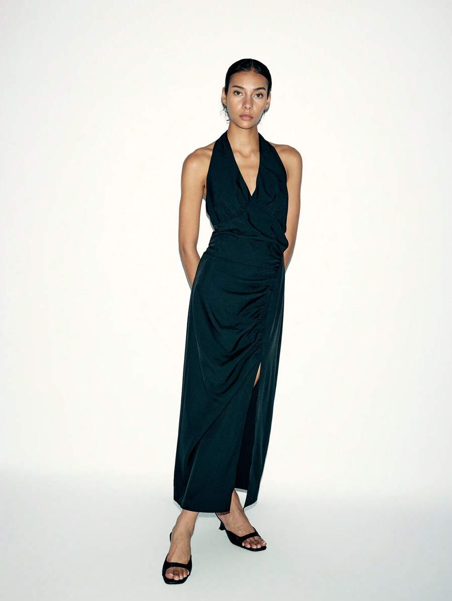 Lumivelle Women's Summer Plain Pleated Side Slit Hem Fashionable Halter Dress