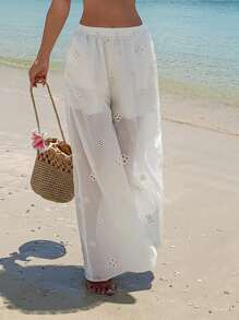 DAZY 镂空刺绣休闲宽松阔腿裤 - 杏色 - 查看 5