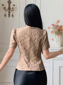 DAZY 优雅简约紧身泡泡袖女式衬衫，返校服装 - 卡其色 - 查看 2