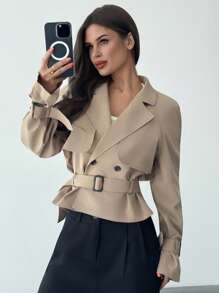Firerie Casaco Trench Elegante Cáqui Feminino, Jaqueta Casual de Negócios para Escritório no Outono com Cinto, Estilo Old Money, Blazer Cropped de Manga Longa com Decote em V e Cintura, Mistura de Linho - Caqui - Visão 9