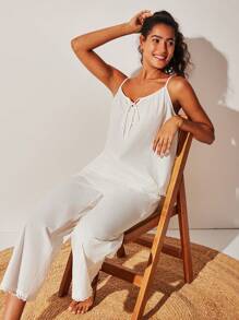 LUVLETTE 透气100%纯棉白色花卉刺绣蕾丝边性感吊带背心和裤子家居服轻盈睡衣套装时尚休闲舒适套装裤子带口袋内衣外穿新娘内衣和睡衣