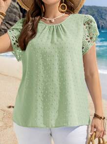 EMERY ROSE Plus Size Women Round Neck Short Sleeve Casual Blouse Summer Tropical Vacation Modest Top For Beach - Mint Green - View 4