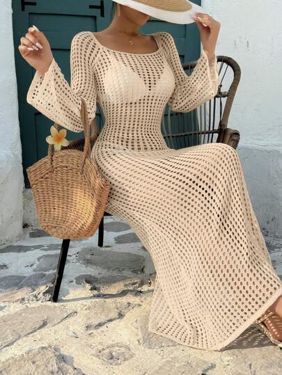 Bonvoyette Vestido largo de cubrición para la playa y vacaciones, de color liso, con cuello en U y manga larga, con diseño hueco y de ganchillo