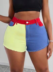 Slaydiva Plus Size Women Cowgirl Colorblock Elastic Waist Denim Shorts, Fashionable Summer For Women Festival Color Block Design Mini Shorts Casual - Multicolor - View 2