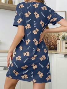女士小熊字母印花圆领短袖睡裙，哞哞睡衣 - 彩色 - 查看 2