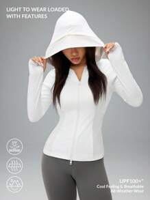 SHEIN PETITE Áo khoác trùm đầu nhẹ cổ khóa kéo màu trơn dành cho nữ, đồ thể thao - trắng - Xem 2
