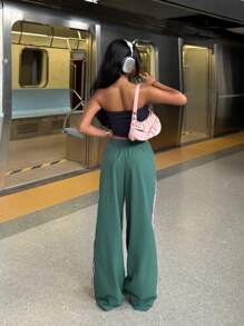 SHEIN EZwear 女士松紧腰侧条纹阔腿宽松休闲裤 - 綠色 - 查看 2