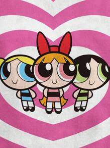 THE POWERPUFF GIRLS X SHEIN Top corto casual de mujer con estampado de dibujos animados y corazones en contraste, ajuste slim, para el verano - Blanco - Ver 4