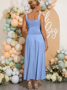 Loomaby Vestido de maternidad de unicolor, cuello de pico simple y sin mangas para uso diario