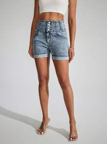 SHEIN EZwear سروال جينز قصير أنيق للسيدات مزود بجيوب وأزرار - أزرق متوسط - مشاهدة 5