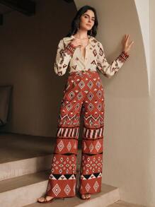 Anewsta 女士春夏菱形格高端时尚印花上衣和裤子两件套休闲、节日、度假、假日 - 紅木色 - 查看 7