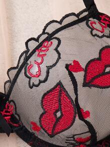 SHEIN 2pcs Women's Sexy Red Lip Embroidered Seductive Lingerie Set - Black - View 3