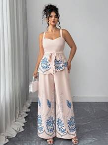Elenzga Damen Große Größen elegantes romantisches Blumen Druckmieder und lange Hose Set, geeignet für Sommer, Schulanfang, Abschluss, Feiertage, Valentinstag, Musikfestivals, Muttertag, Halloween, Erntedankfest, Ostern, Nationalfeiertag, Galas, Dates, Partys, Hochzeiten, Ausflüge - Verschiedenfarbig - Übersicht 3