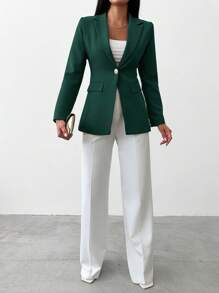 EURMUSE Blazer elegante de manga larga de un solo botonadura y unicolor para mujer - Verde Oscuro - Ver 4