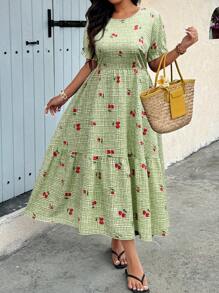 SHEIN Clasi 大码休闲度假风数码印花短袖连衣裙